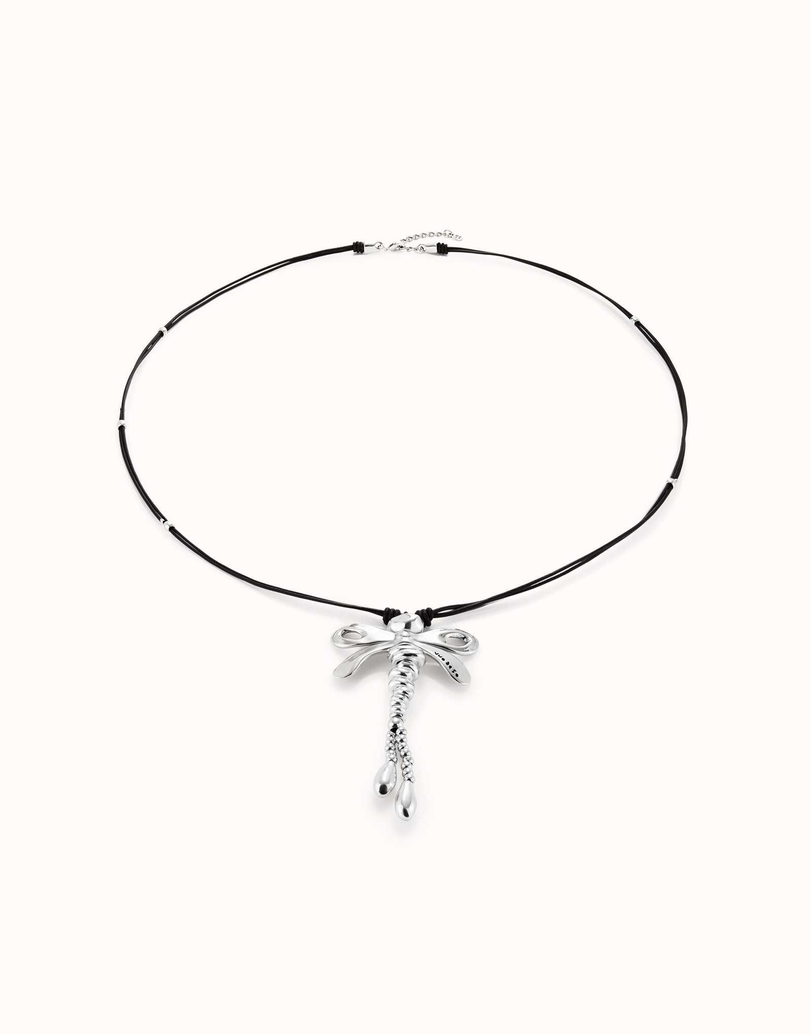Long leather necklace with sterling silver-plated central dragonfly, Silver, large image number null